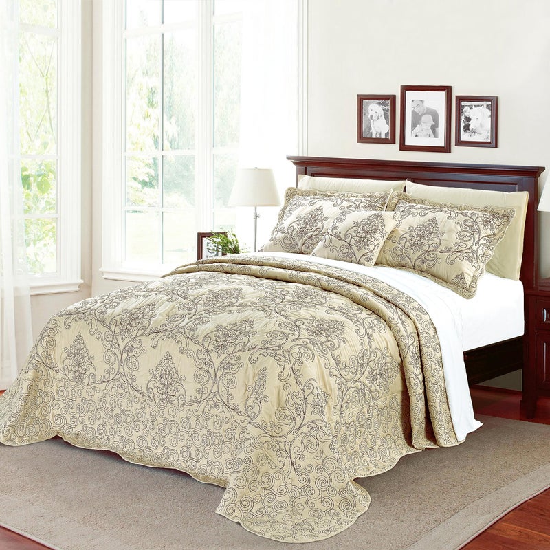 Home Soft Things Damask 4 Piece Bedspread Set,Scalloped Edge Reversible Quilt Coverlet Comforter Prewashed Bedding Set, Matelasse Embossed Floral Solid Pattern, Beige Oversize King(120" x 120") - Image 1